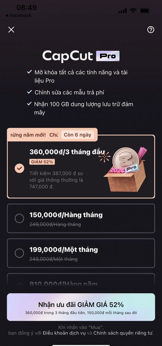 Các gói CapCut Pro chỉ từ 95k
