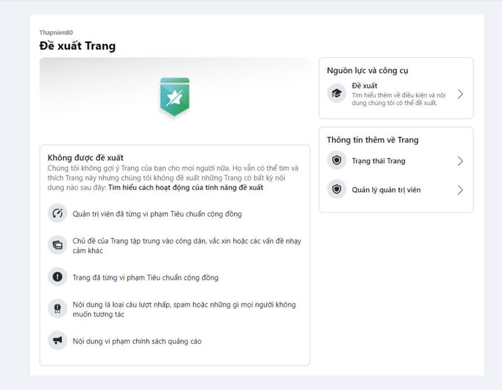 Fanpage bị hạn chế đề xuất