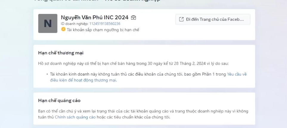 Tài khoản Sắp Chạm ngưỡng bị hạn chế