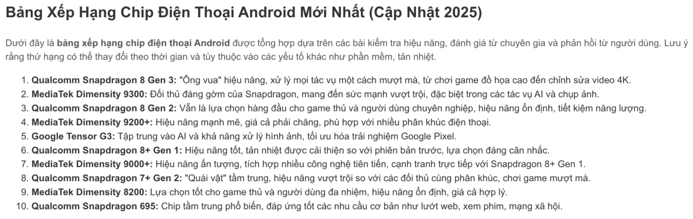 Bảng xếp hạng chip điện thoại Android