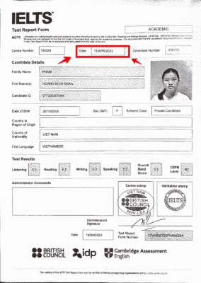 Ngày cấp chứng chỉ IELTS ghi ở đâu? >> nằm giữa ‘Centre Number’ và ‘Candidate Number’